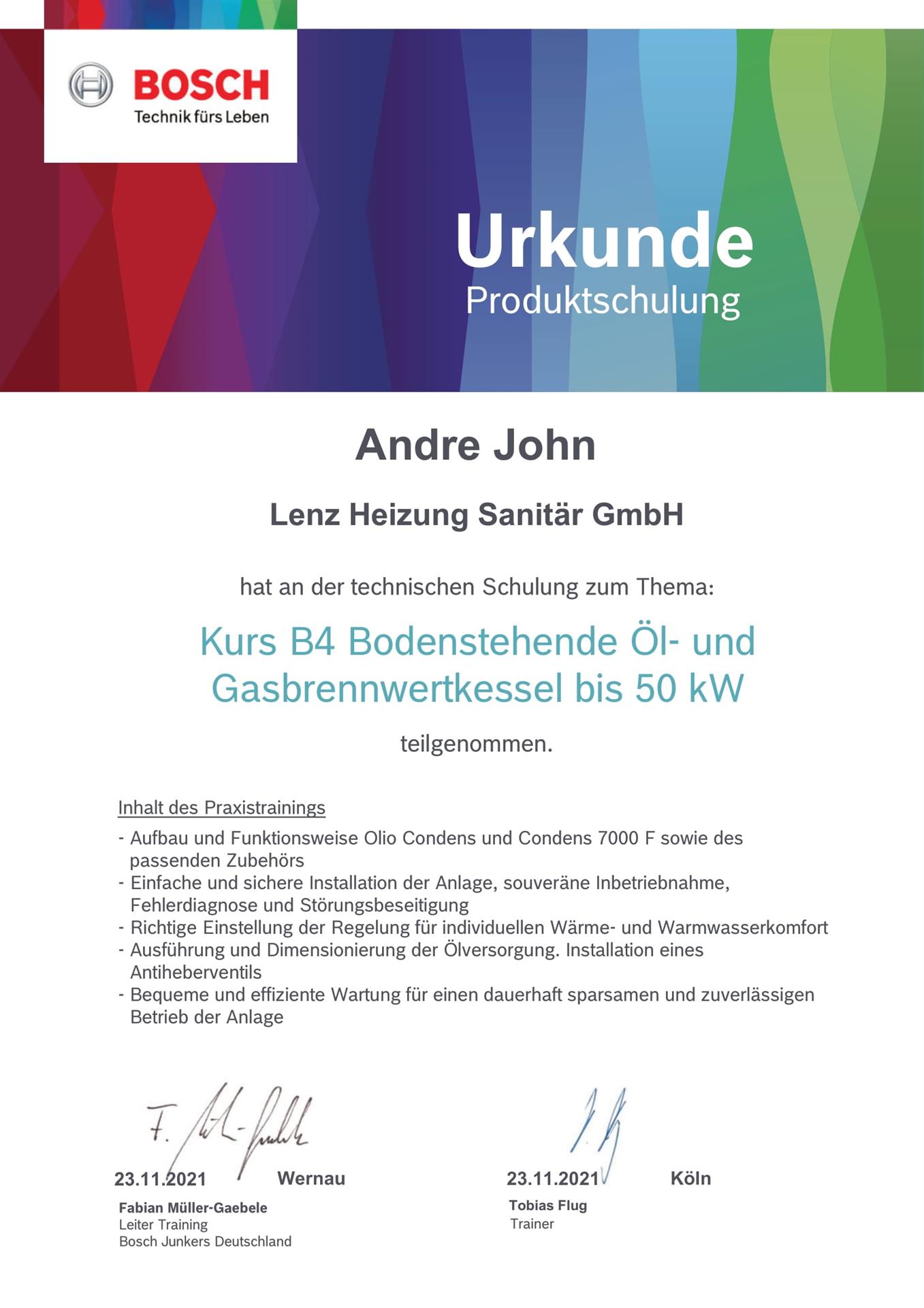 Zertifikat Bosch für Andre John