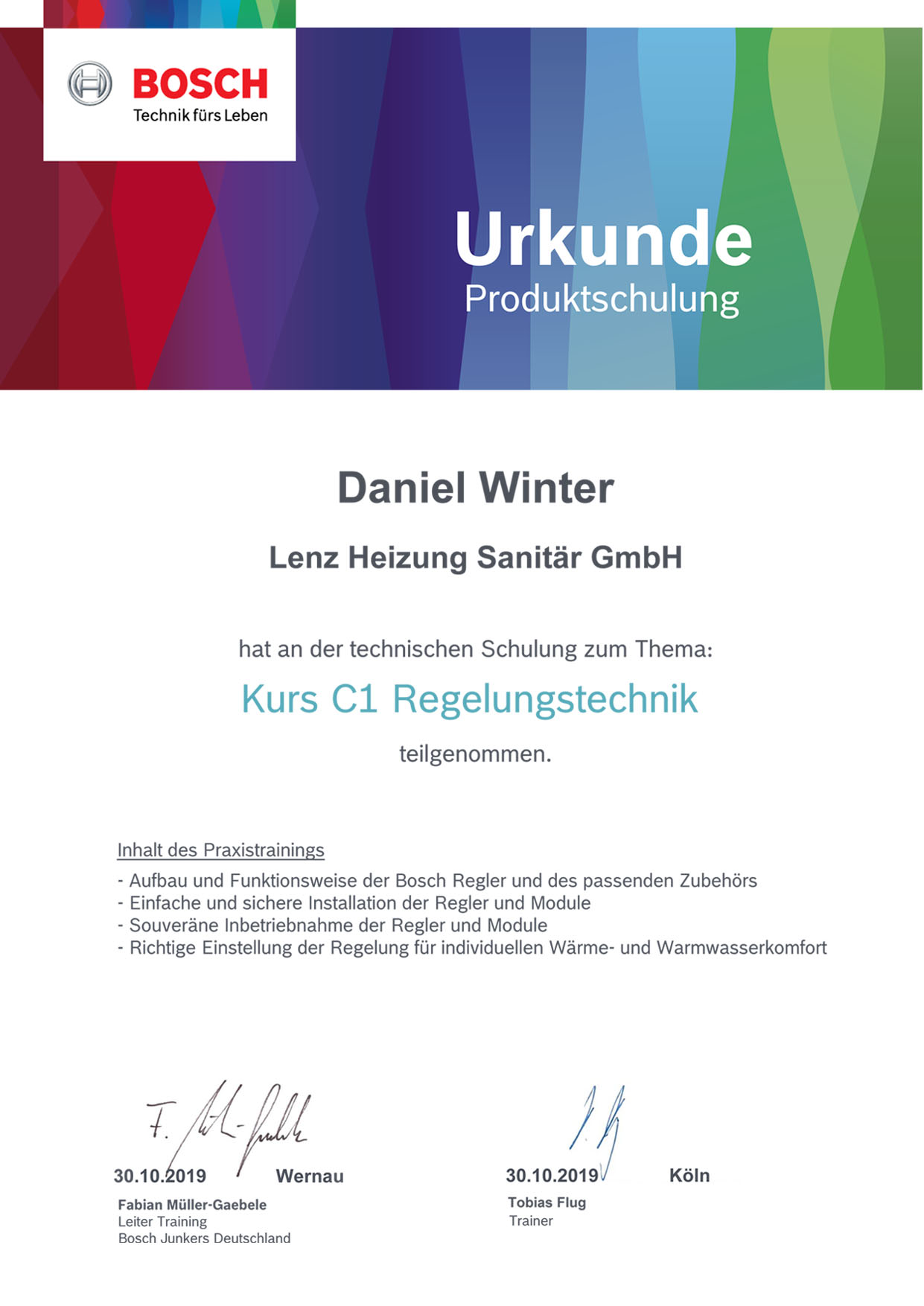 Zertifikat Bosch für Daniel Winter