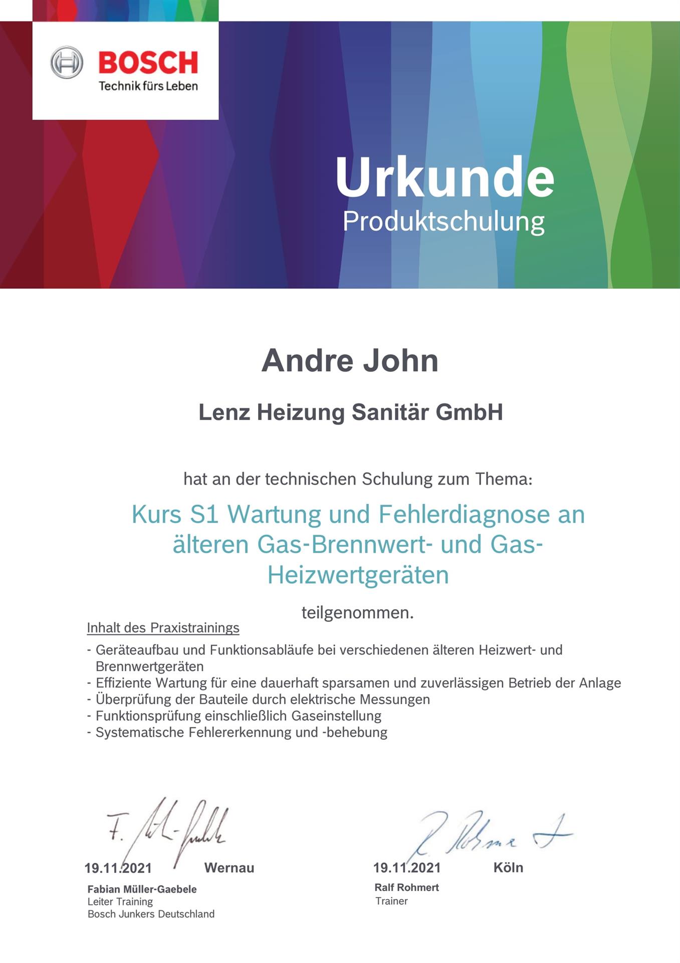 Zertifikat Bosch für Andre John